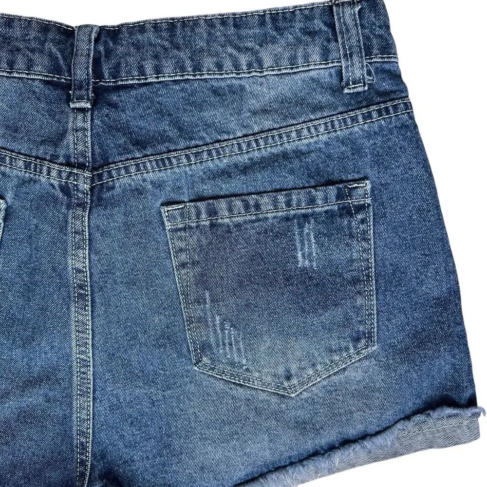 Womens Distressed Edgy‎ Jean Shorts Medium Leopard Pockets Frayed Hem Summer